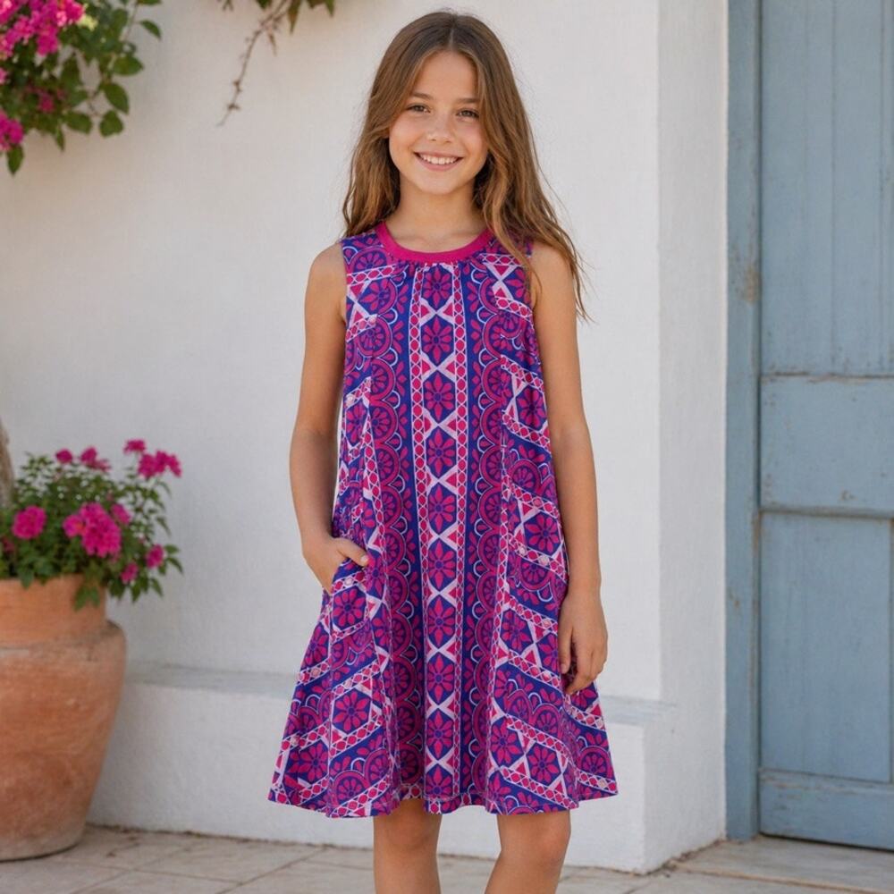 Tea Collection Girls Dress Size 8 Pink Blue Geometric Sleeveless Cotton